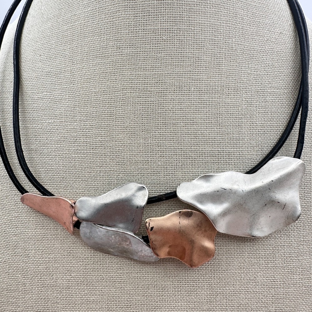 Vintage Y2K Boho Abstract Pebble Double Strand Statement Necklace Silver Copper